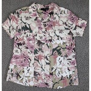 Erika Vintage Womens Tropical Palm Floral Print Hawaiian Button Down Shirt Mp